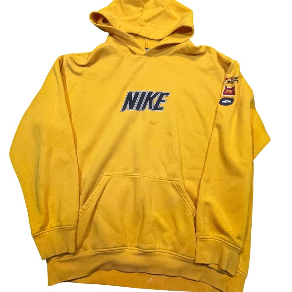 Vintage Nike Hoodie Mens XL Yellow Spellout Swoosh Pullover Streetwear Y2K
